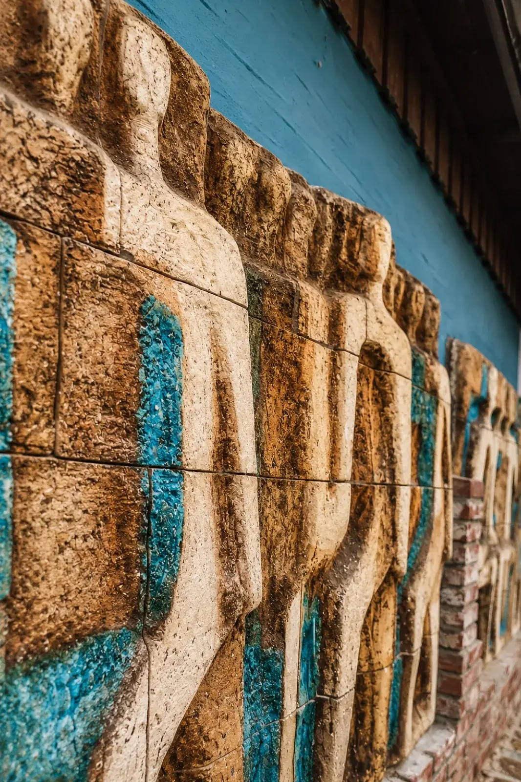 Detail eines skulpturalen Fassadenreliefs mit hellen Steinfiguren und türkisfarbenen Einsätzen