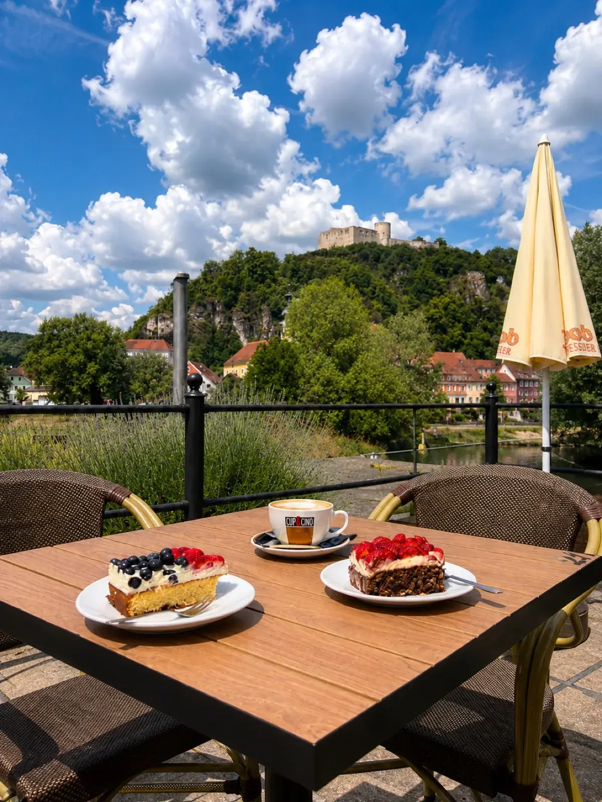 Kuchen auf der Terrasse unter dem Sonnenschirm mit Burgblick